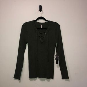Green 1/4 Lace Up Sweater